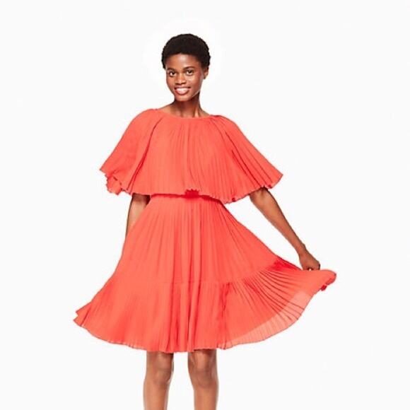 Kate Spade Pleated Cape Dress Midi Swing Full Skirt Tangerine Casual - 4 - Picture 1 of 6